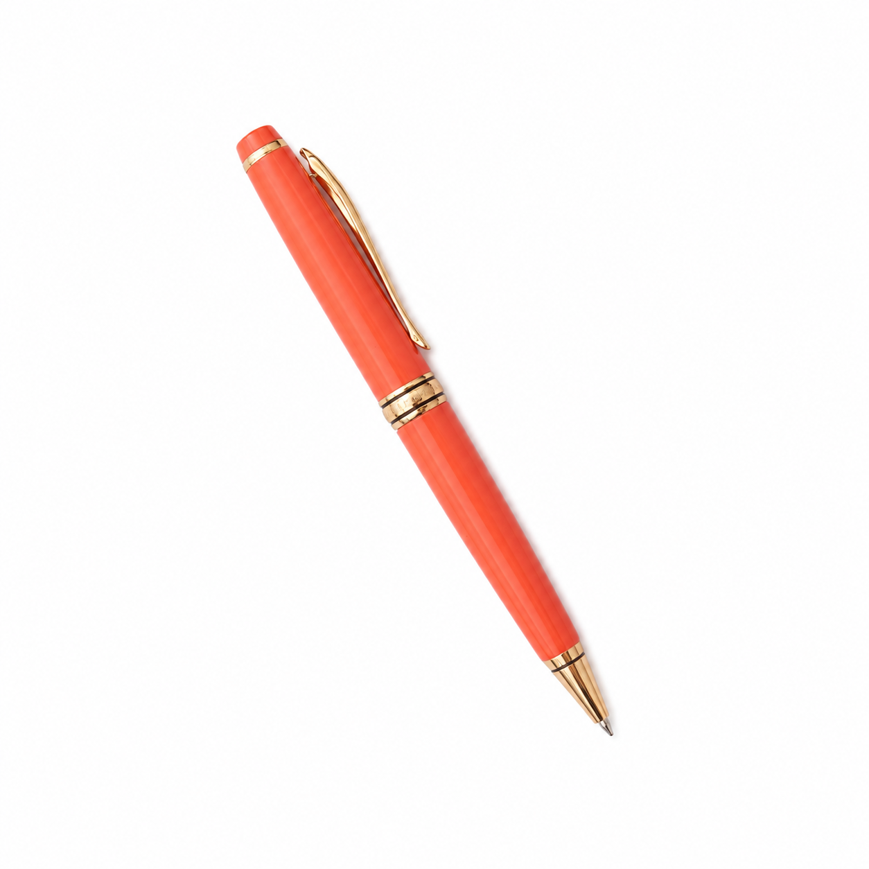 WALIV Ember Coral ball pen — coral & gold finish, studio photograph.
