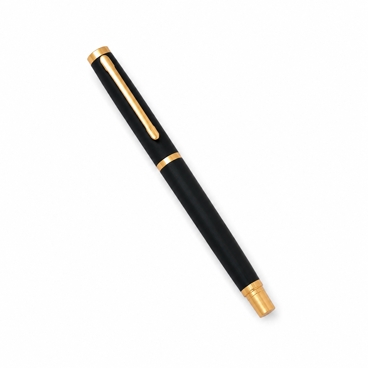 WALIV Onyx Regent roller pen — matte black & gold finish, studio photograph.