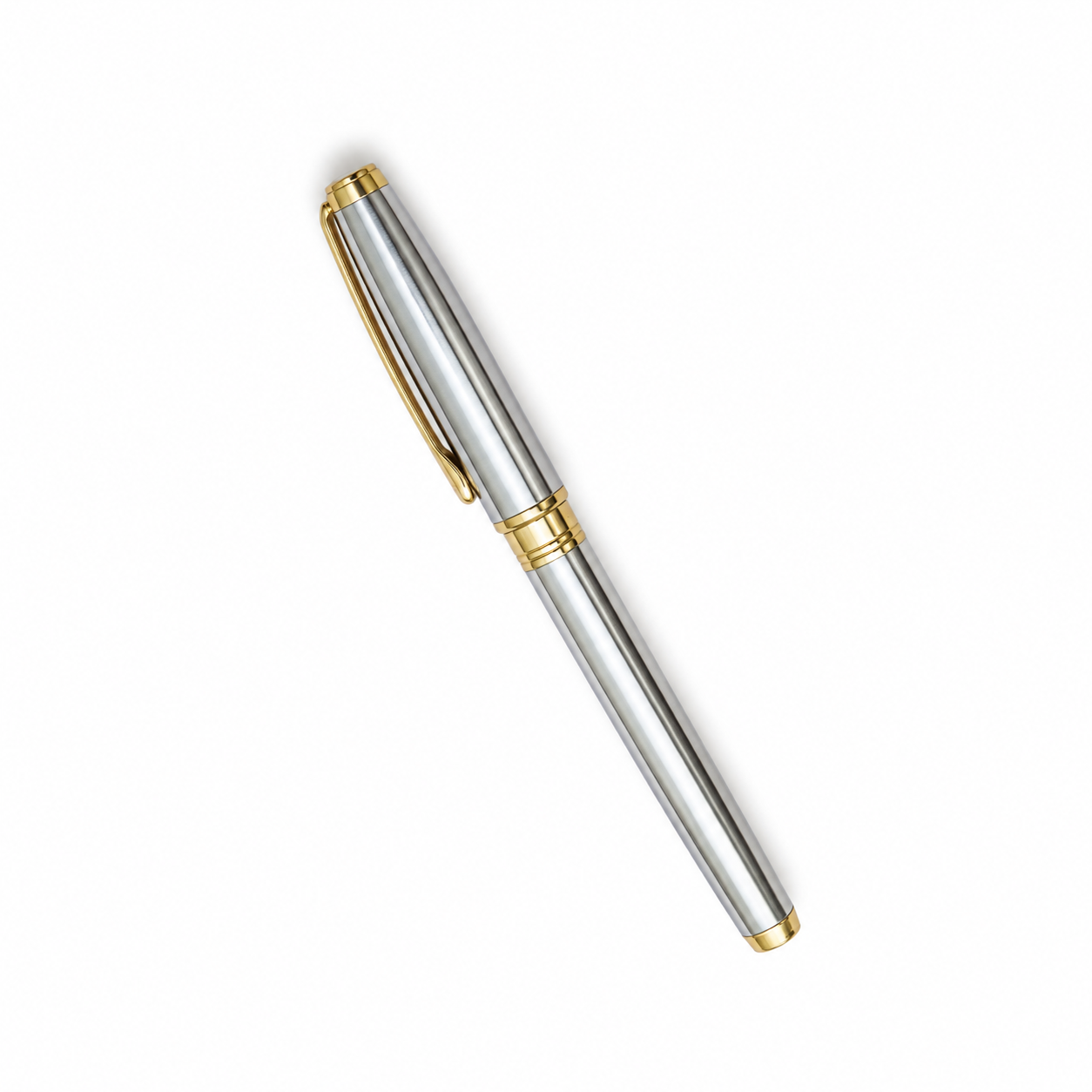 WALIV Sterling Crest roller pen — chrome & gold finish, studio photograph.
