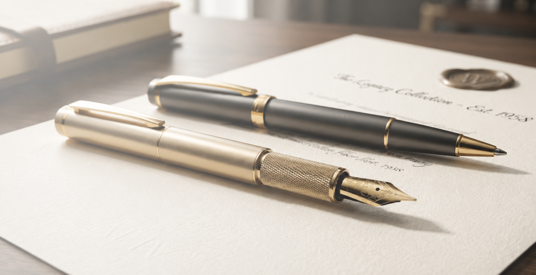 A gold-and-black WALIV fountain pen resting on warm, textured antique paper.